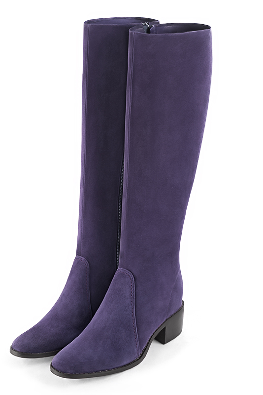 Lavender purple women's riding knee-high boots. Round toe. Low leather soles. Made to measure. Front view - Florence KOOIJMAN